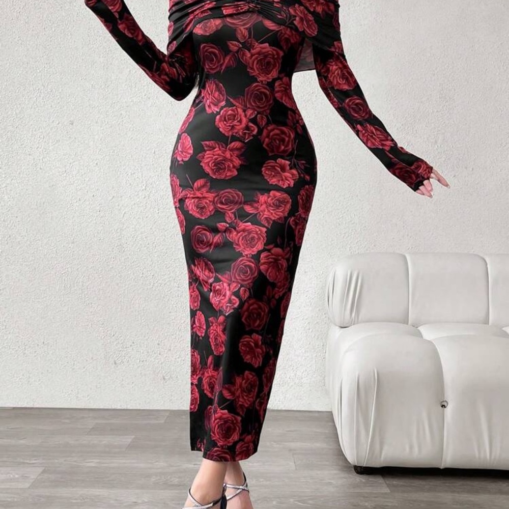 Elegant Black and Red Floral Dress